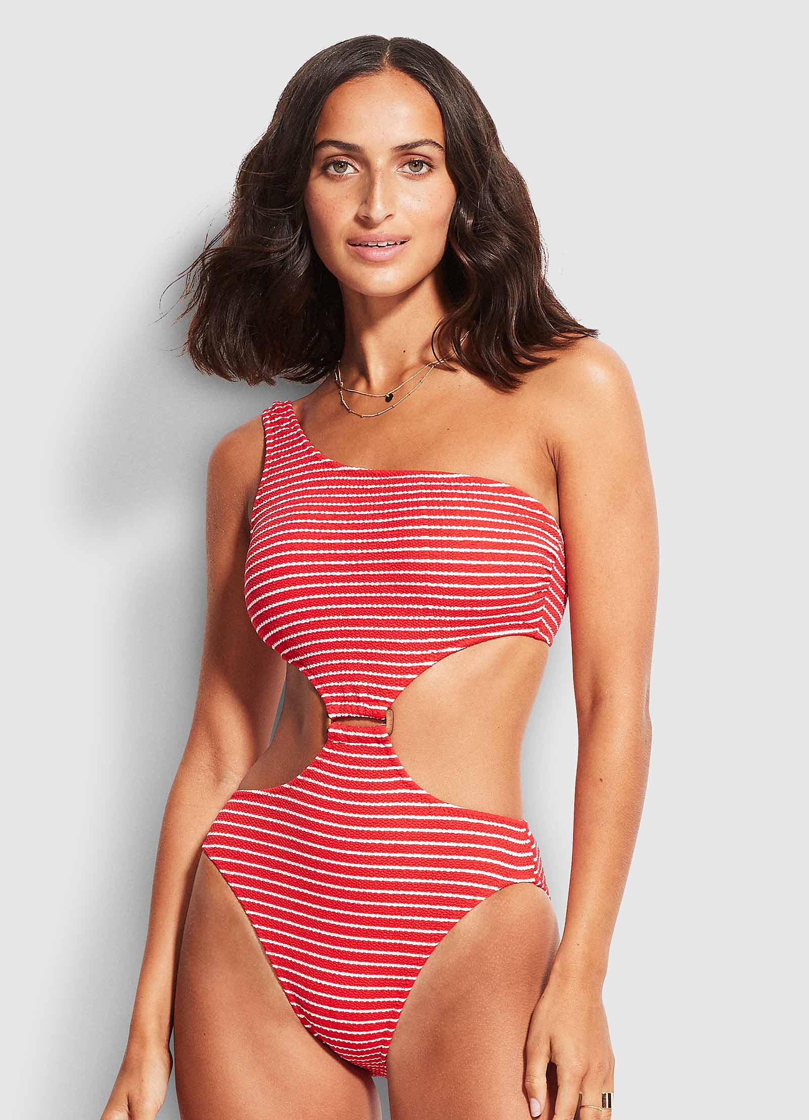  Seaside Stripe One Shoulder One Piece - Chilli Red