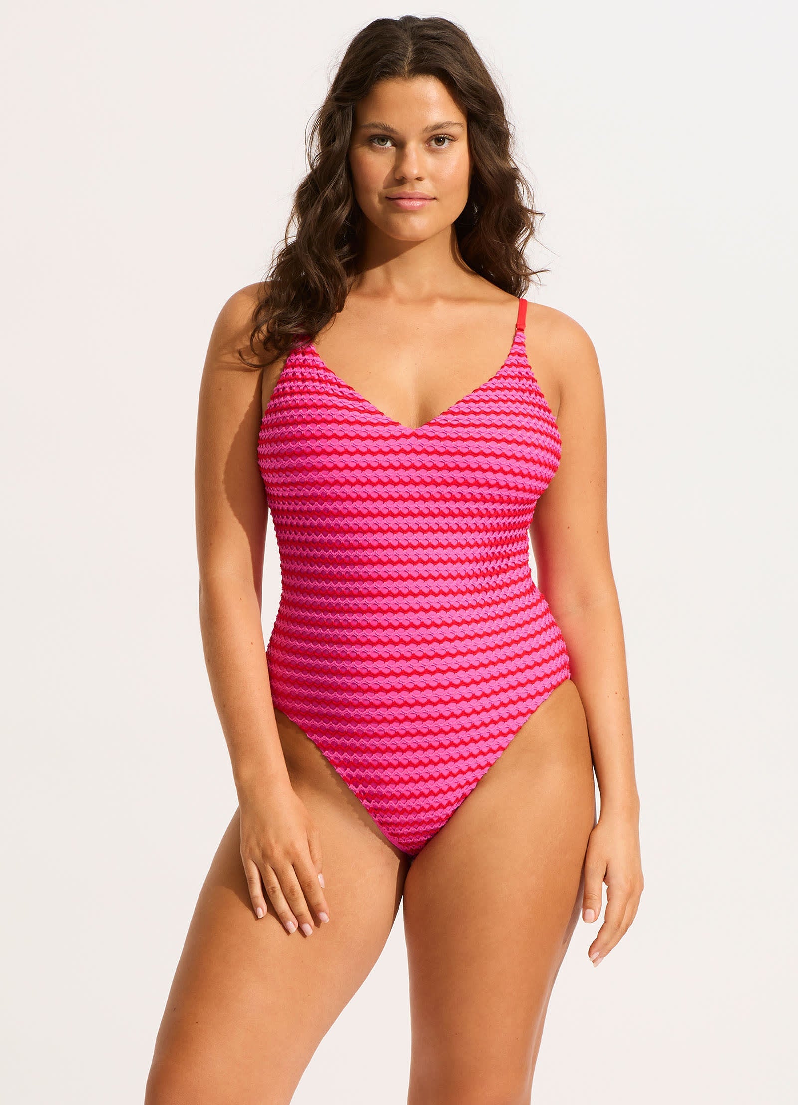  Mesh Effect V Neck One Piece - Chilli Red