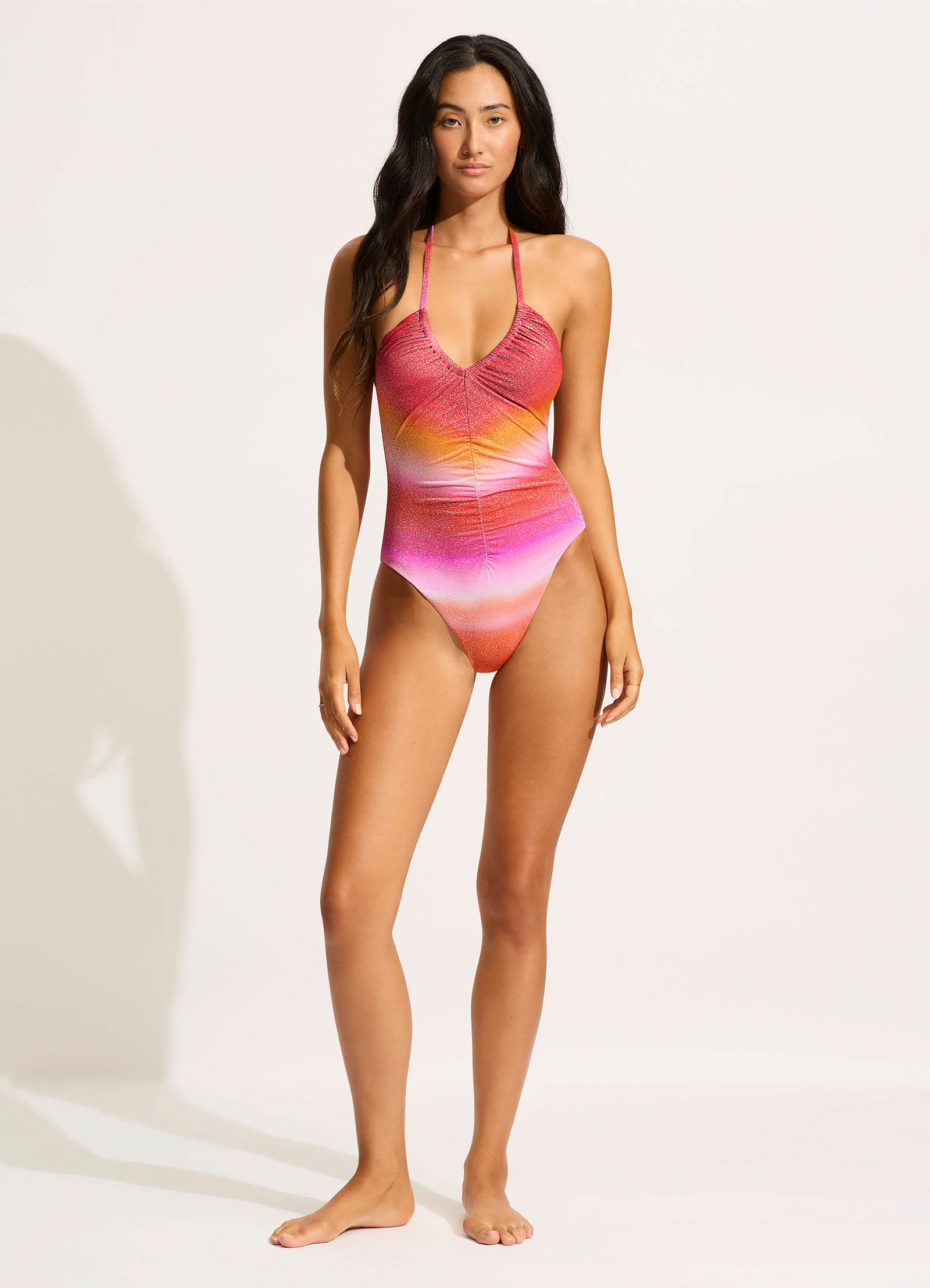  Spectrum Drawstring V Neck One Piece - Hot Pink