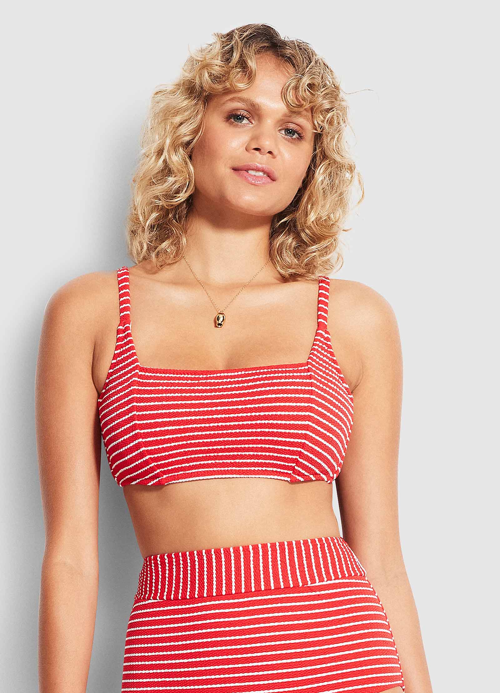  Seaside Stripe DD Square Neck Tank - Chilli Red