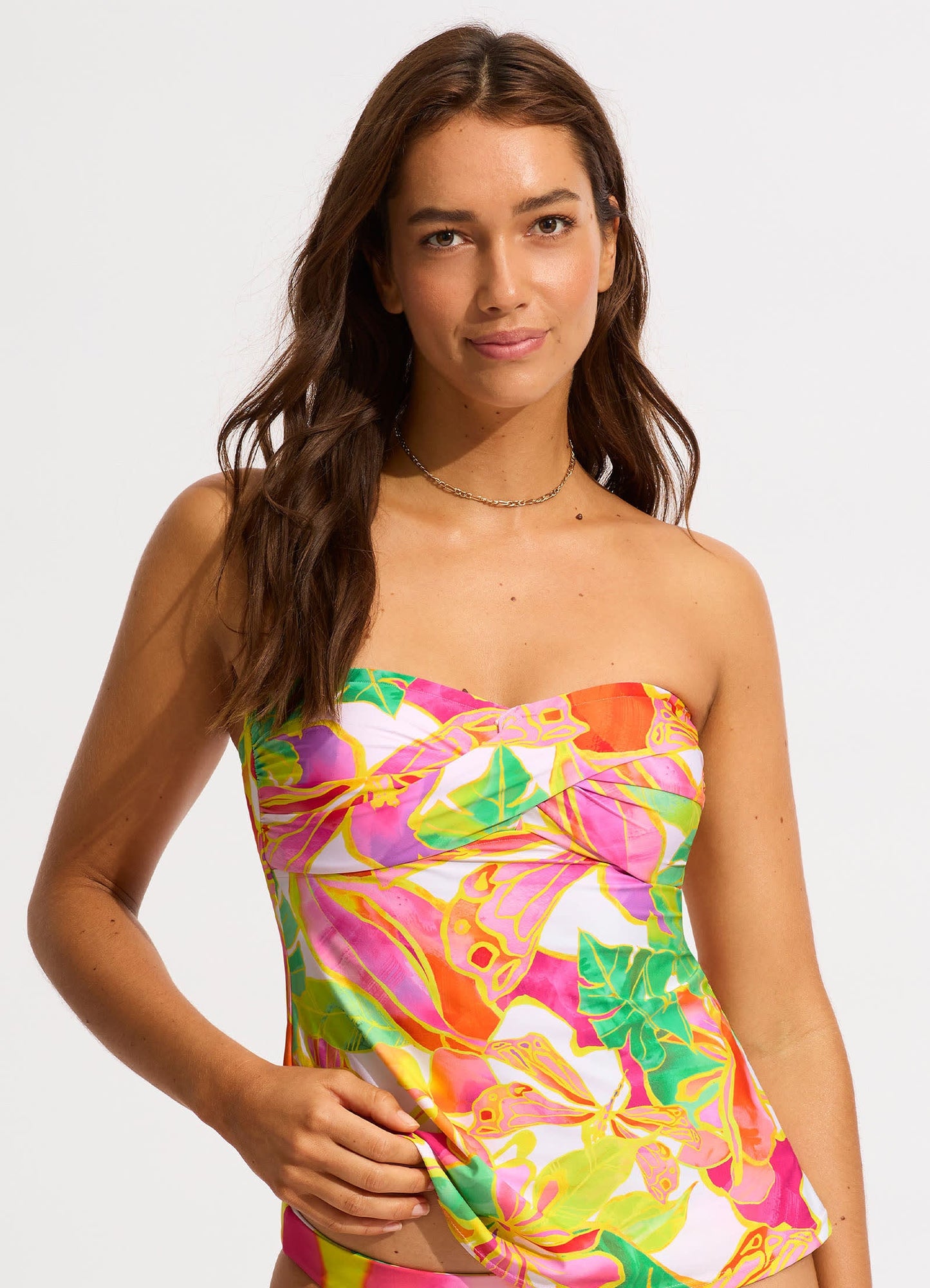  Wonderland Front Bandeau Tankini Bikini Top - Fuchsia Rose