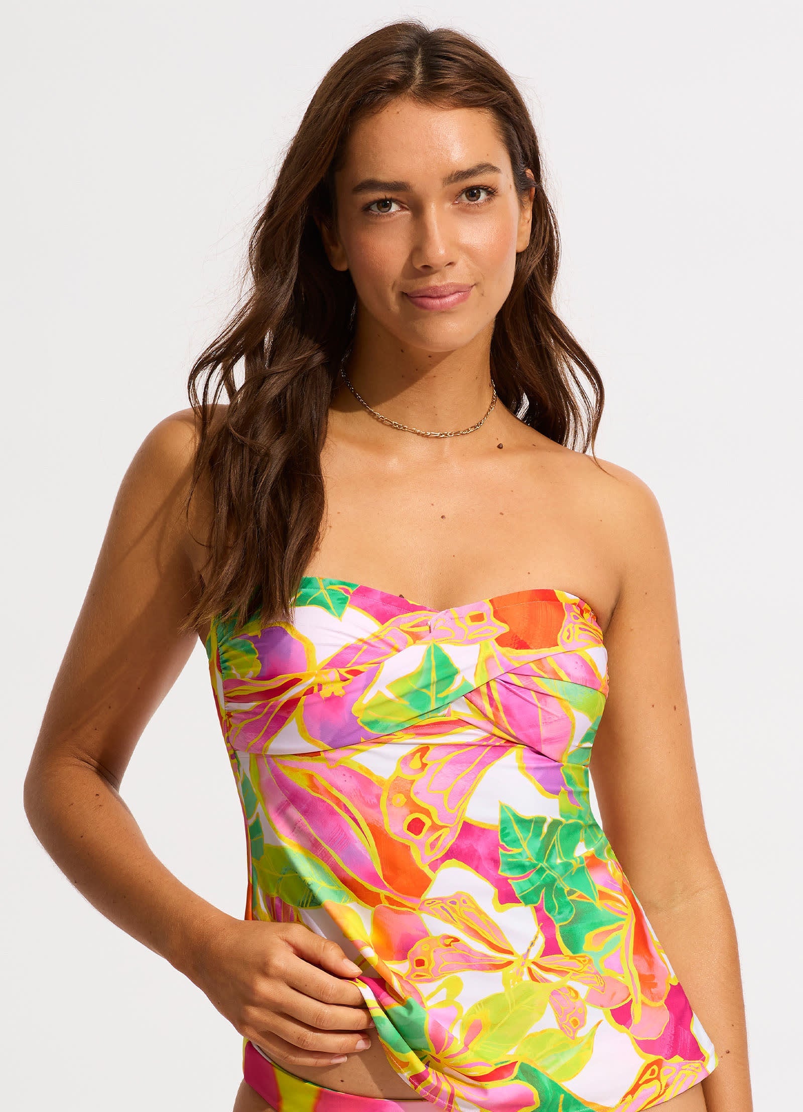  Wonderland Front Bandeau Tankini Bikini Top - Fuchsia Rose