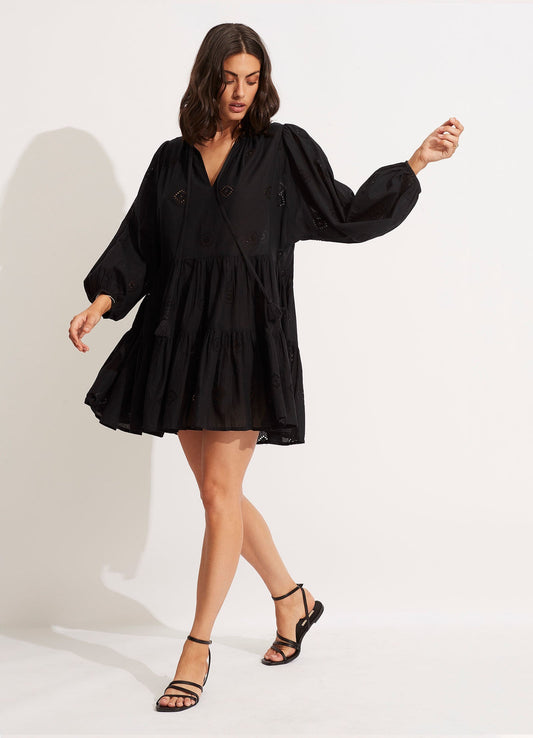  Embroidery Tiered Dress - Black