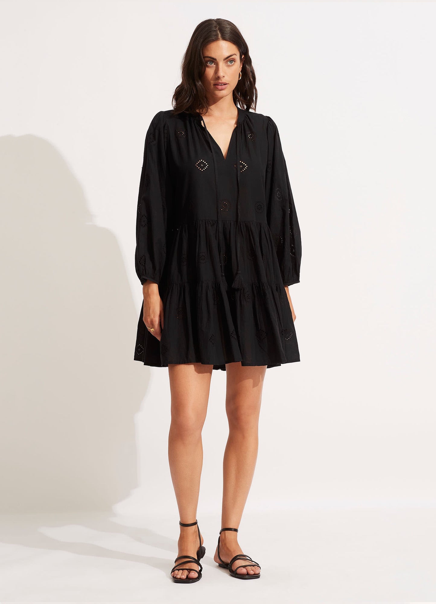  Embroidery Tiered Dress - Black