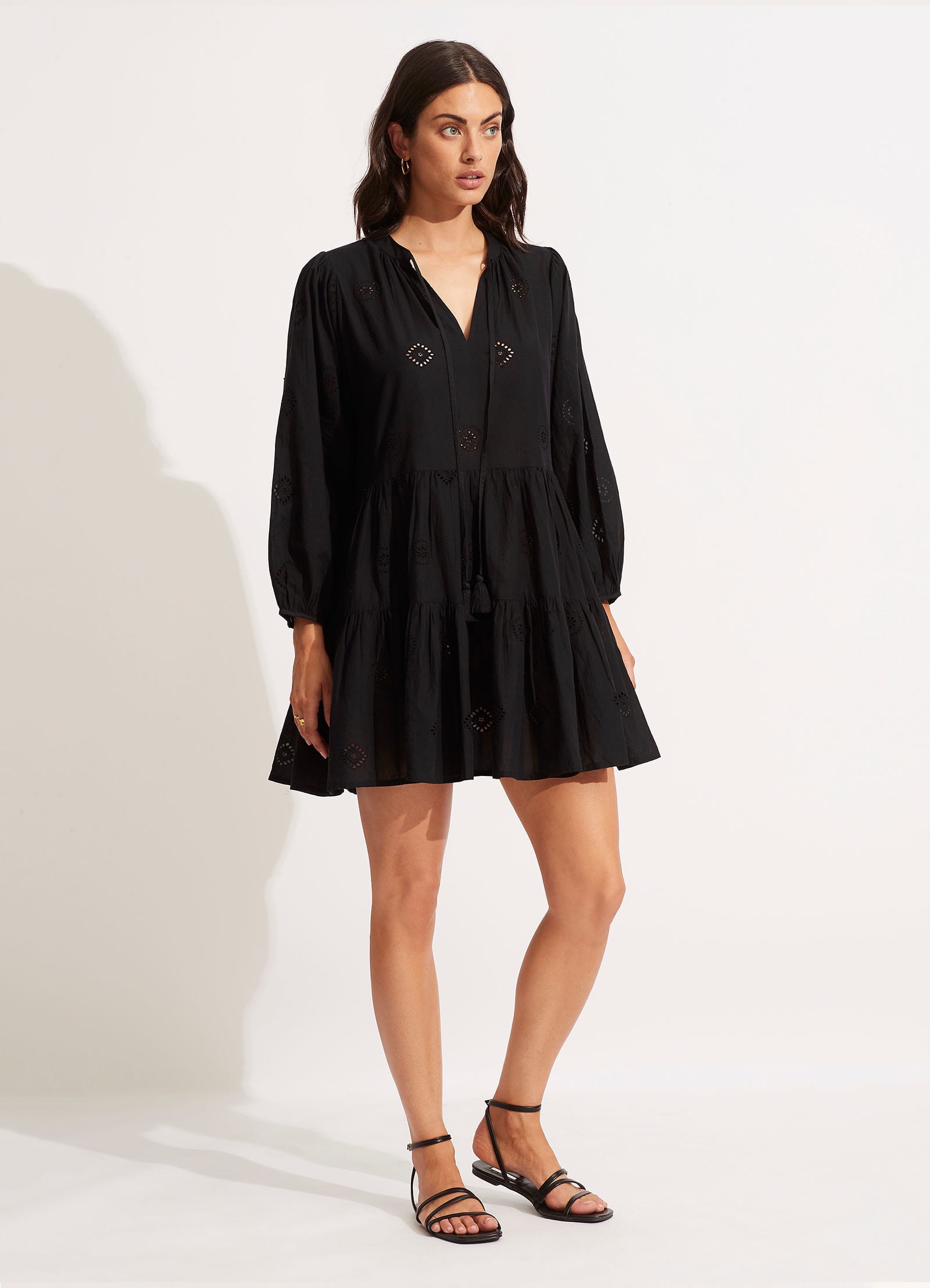  Embroidery Tiered Dress - Black