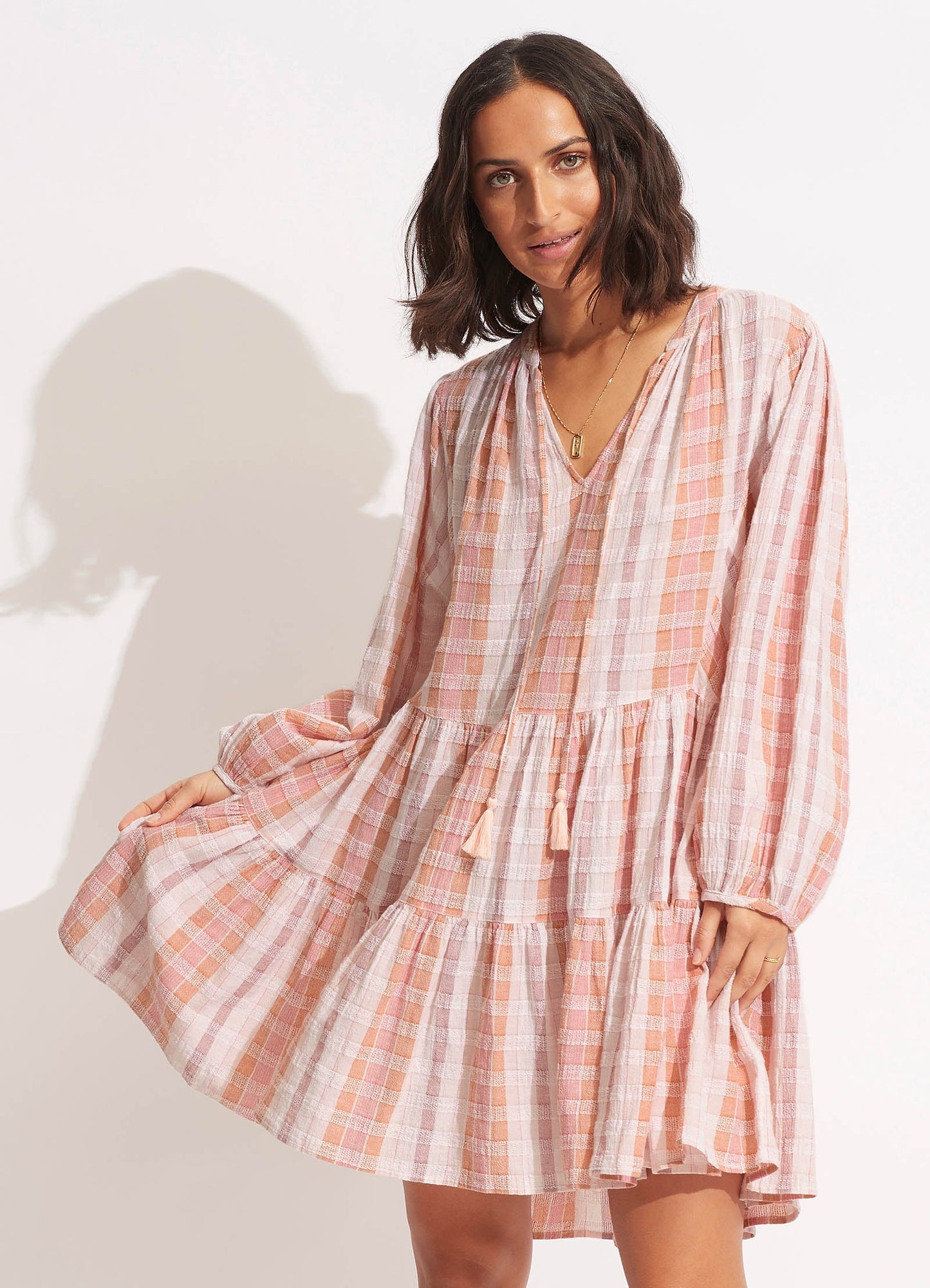  Textured Gingham Tiered Dress- Lilac