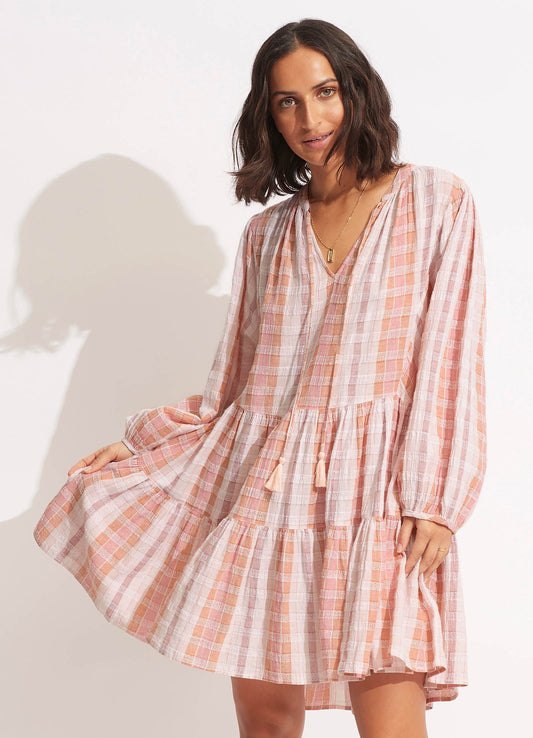  Textured Gingham Tiered Dress- Lilac