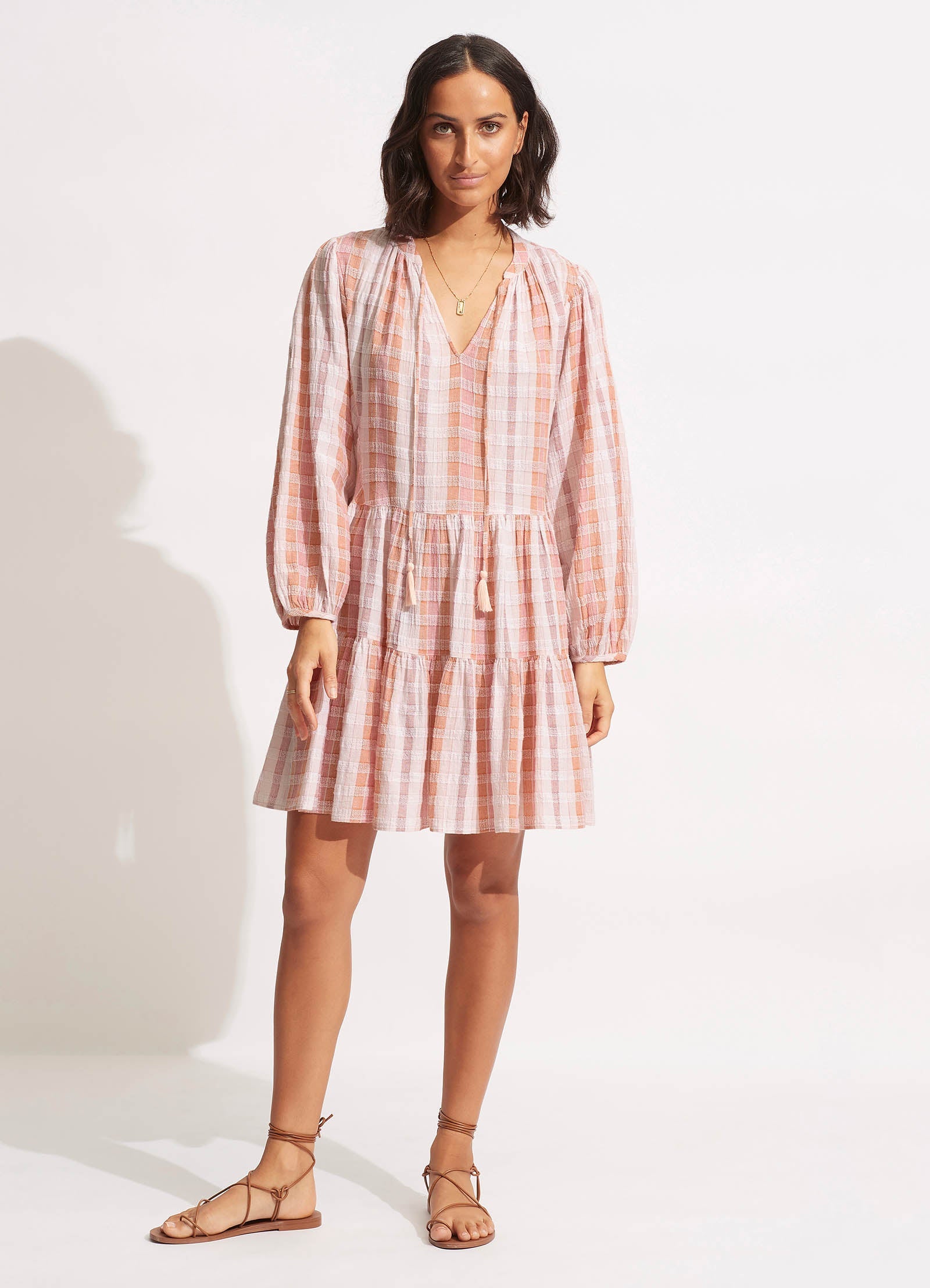  Textured Gingham Tiered Dress- Lilac