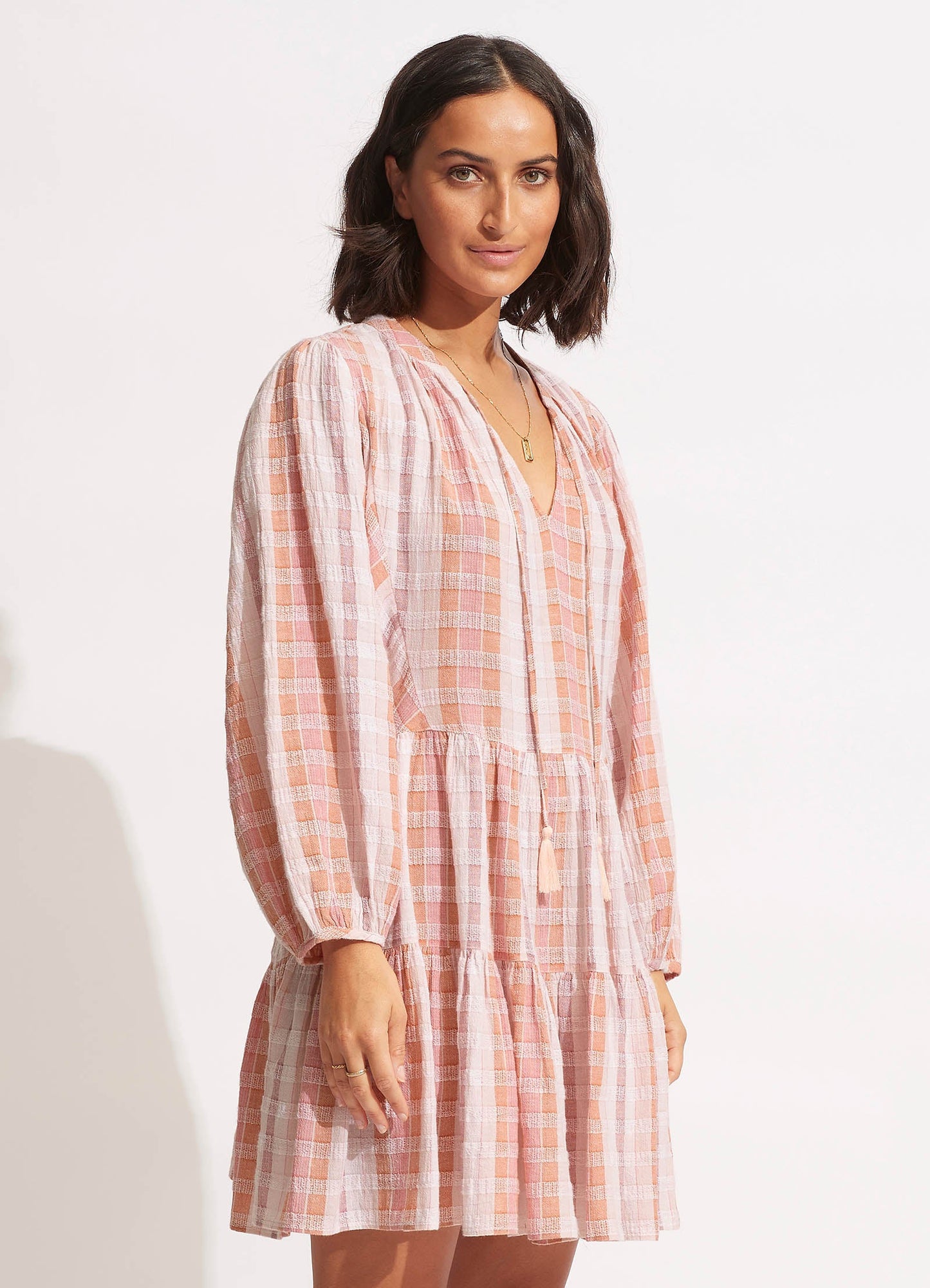  Textured Gingham Tiered Dress- Lilac