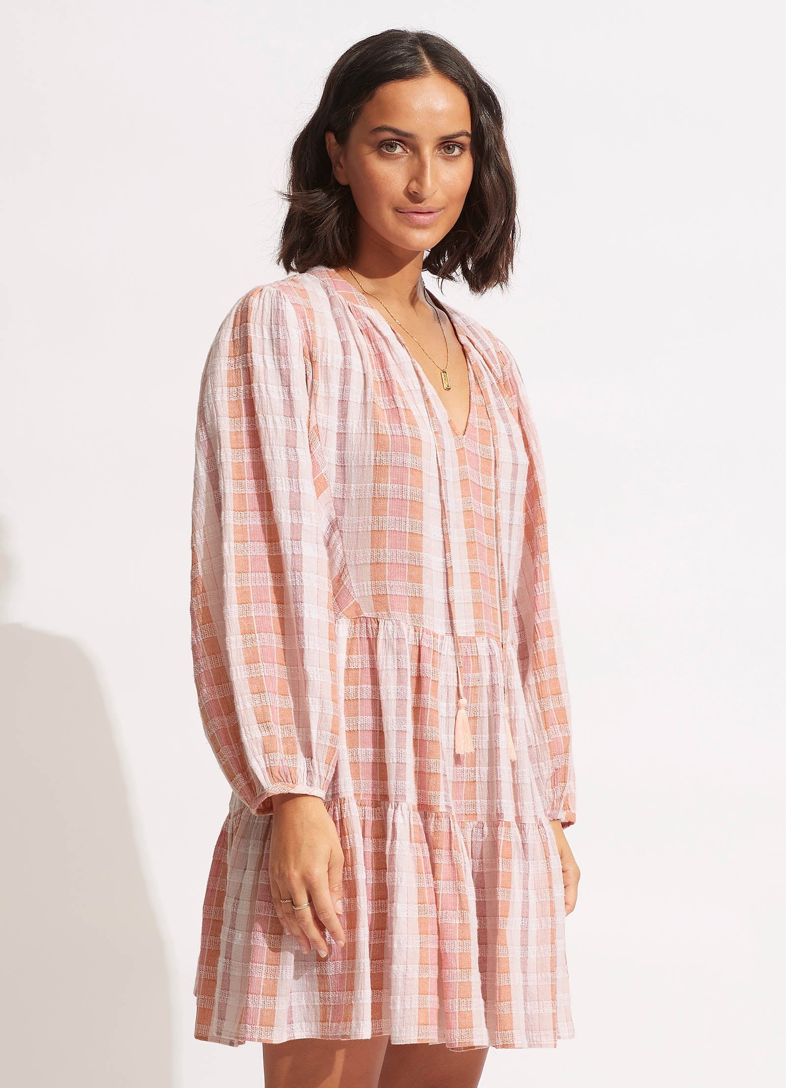  Textured Gingham Tiered Dress- Lilac