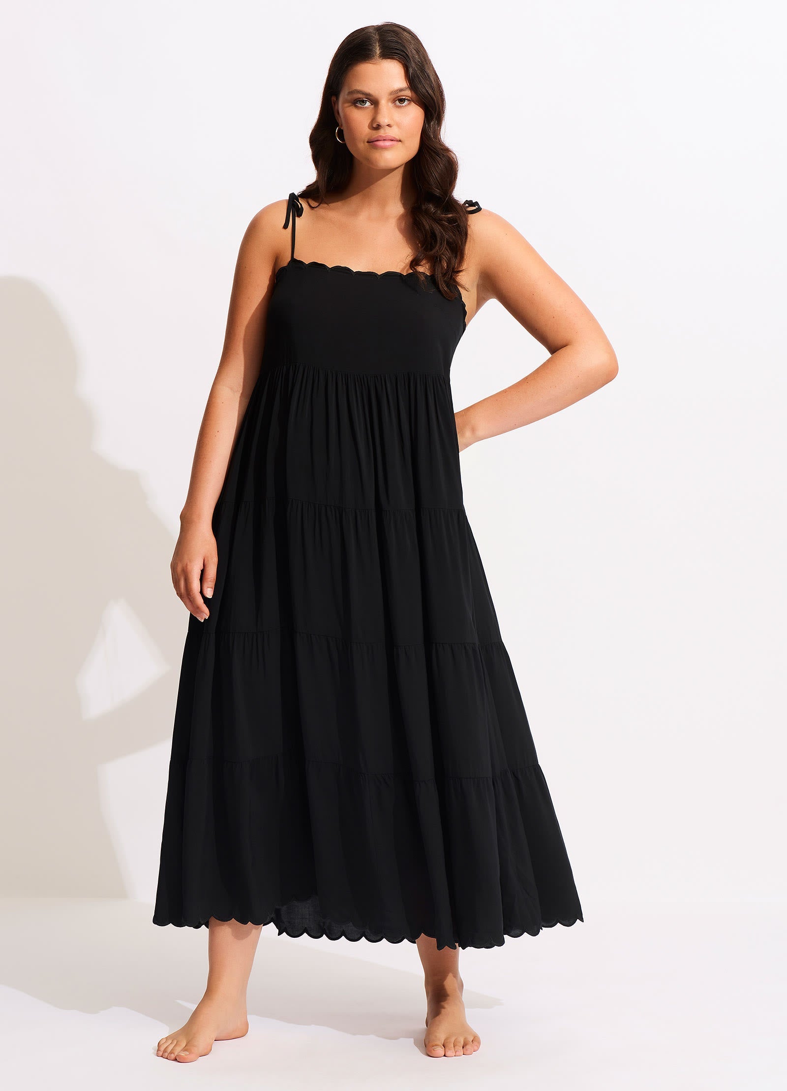  Gia Scallop Midi Dress - Black