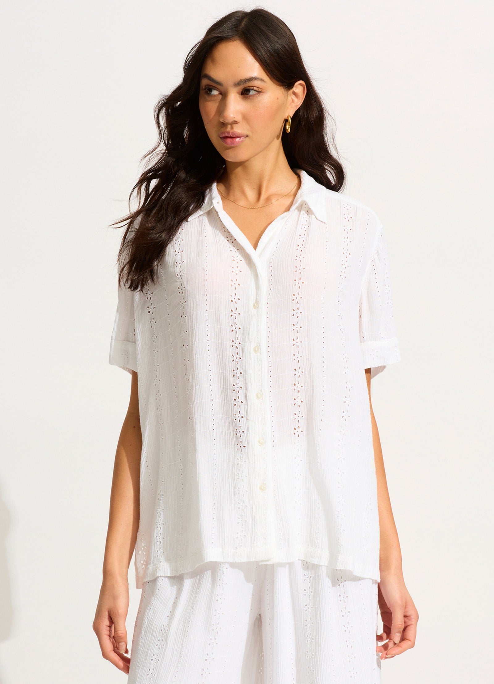  Broderie Short Sleeve Shirt - White