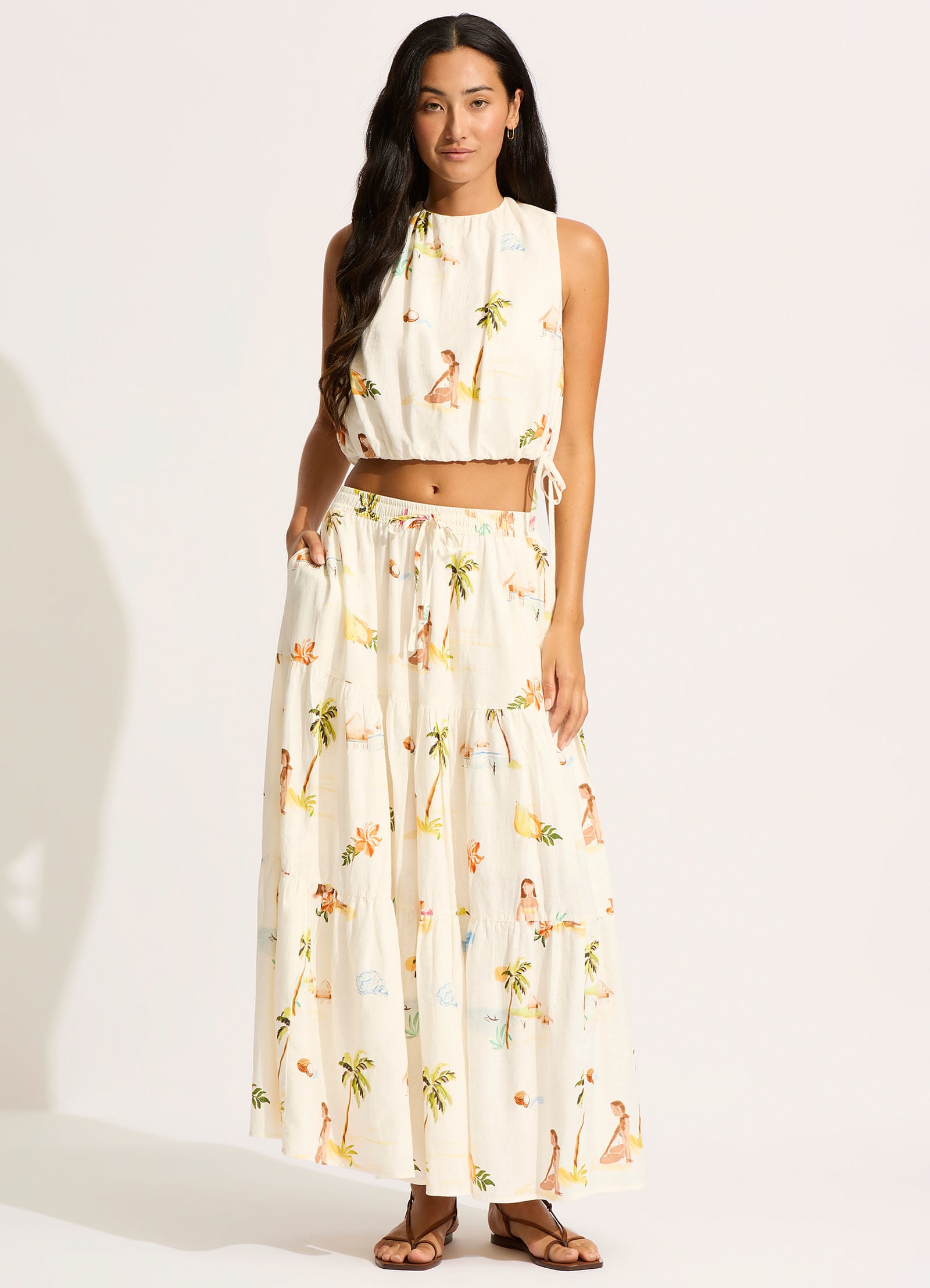  Isla Palm Drawcord Waist Top - Ecru