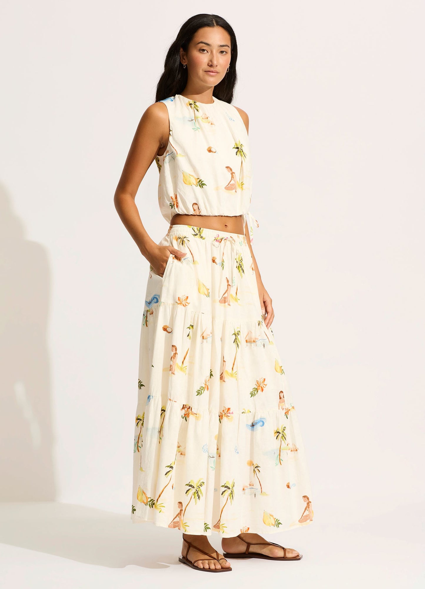  Isla Palm Tiered Maxi Skirt - Ecru
