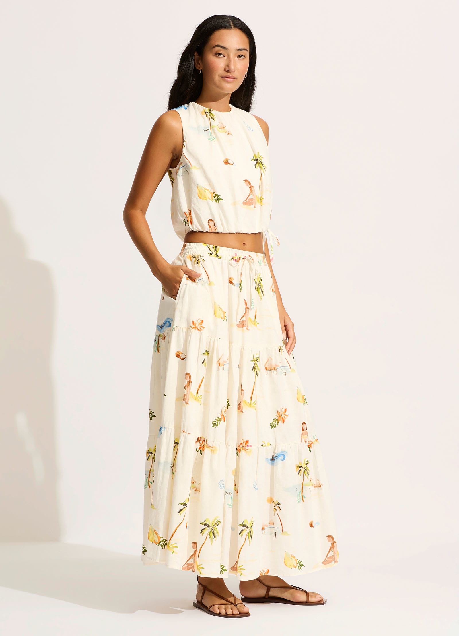  Isla Palm Tiered Maxi Skirt - Ecru
