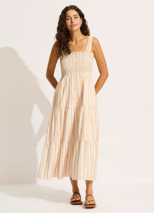 Shirred Midi Dress - Ecru