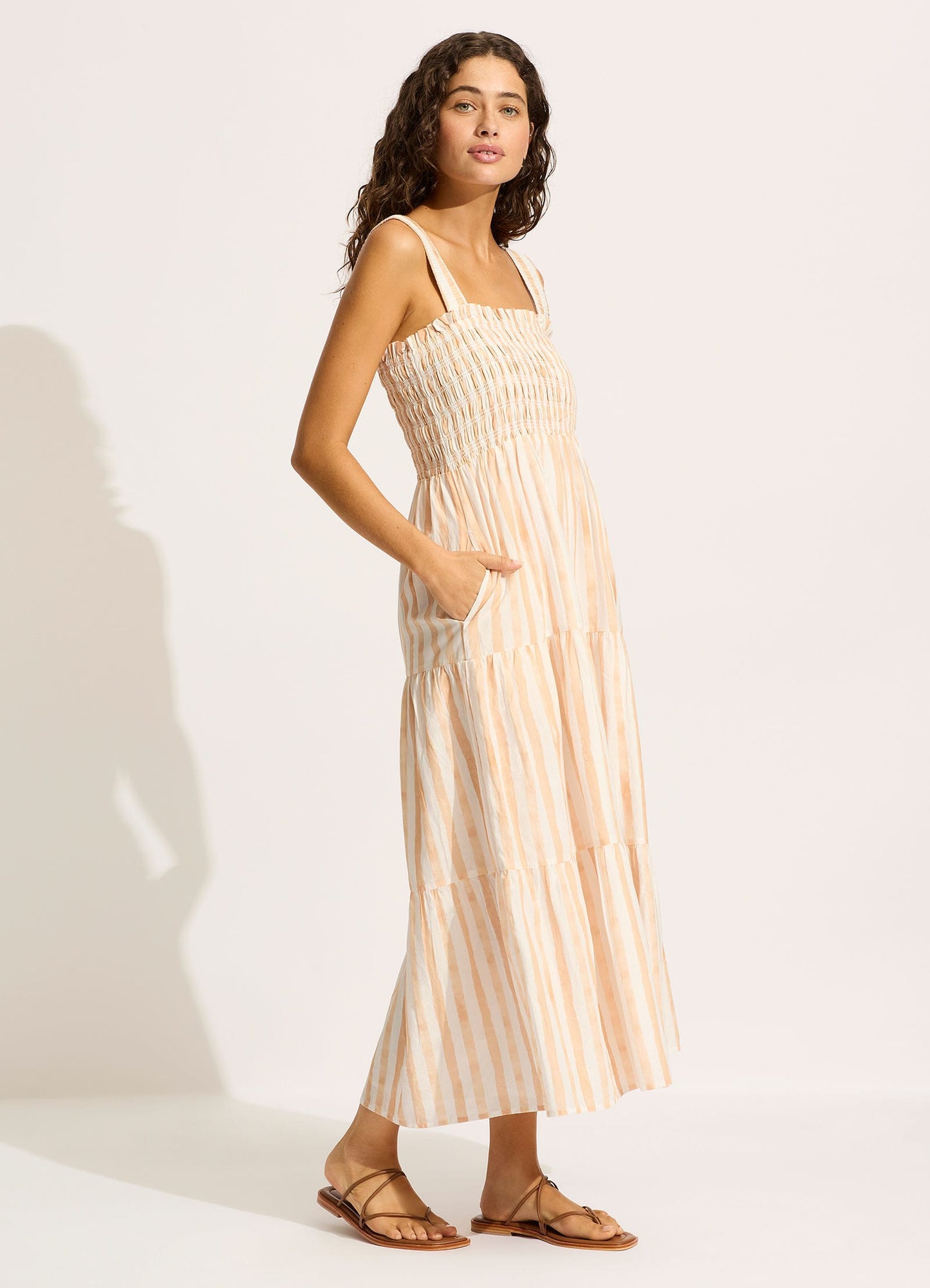  Shirred Midi Dress - Ecru