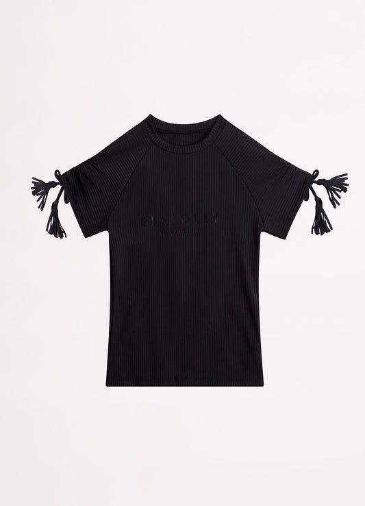  Girls Ruched Sleeve Rash Vest- Black